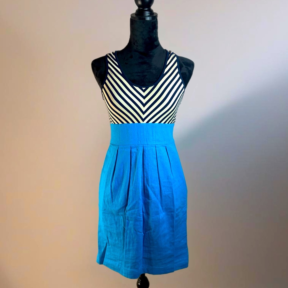 Hype Tank Dress, Black And Cream Stripes With Blue Skirt